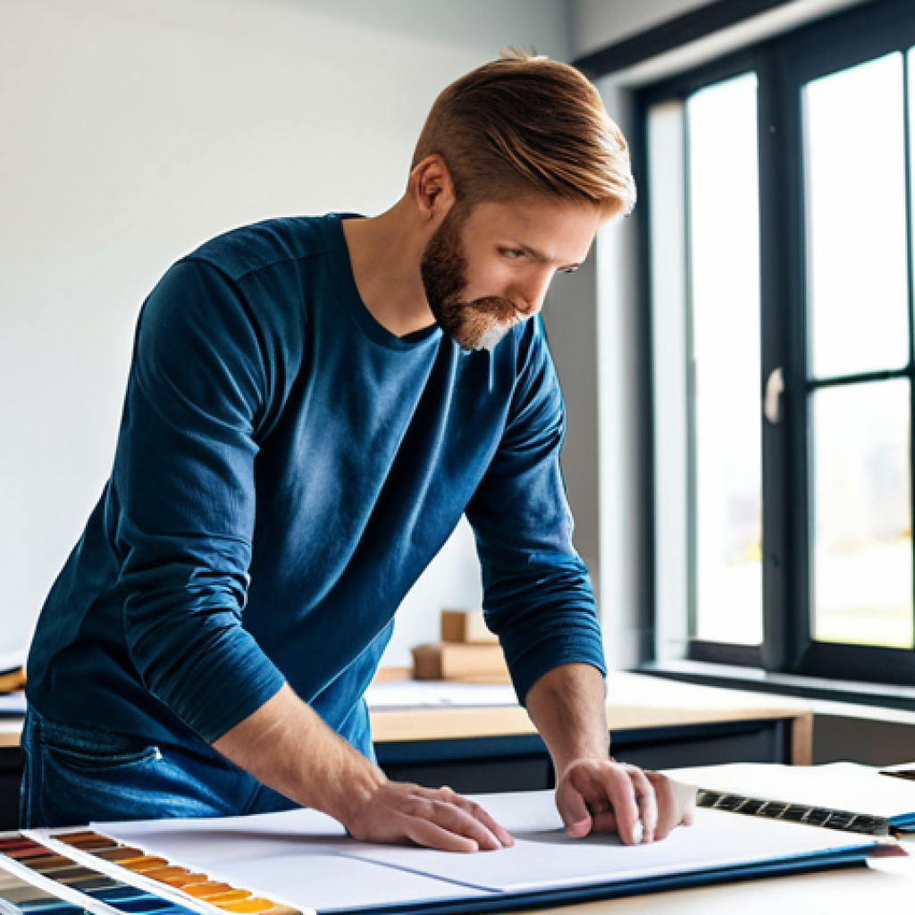 **

A professional interior designer, fully clothed in modest attire suitable for a worksite (jeans, work boots, and a company-branded t-shirt), is organizing color swatches and fabric samples on a large drafting table. The background is a bright, modern design studio with large windows. The scene is well-lit and organized, focusing on the creative process.  Safe for work, appropriate content, professional, family-friendly, perfect anatomy, correct proportions, natural pose, well-formed hands, proper finger count, natural body proportions.

**