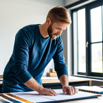 **

A professional interior designer, fully clothed in modest attire suitable for a worksite (jeans, work boots, and a company-branded t-shirt), is organizing color swatches and fabric samples on a large drafting table. The background is a bright, modern design studio with large windows. The scene is well-lit and organized, focusing on the creative process.  Safe for work, appropriate content, professional, family-friendly, perfect anatomy, correct proportions, natural pose, well-formed hands, proper finger count, natural body proportions.

**