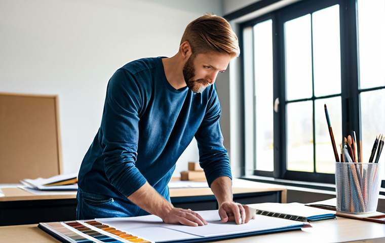 **

A professional interior designer, fully clothed in modest attire suitable for a worksite (jeans, work boots, and a company-branded t-shirt), is organizing color swatches and fabric samples on a large drafting table. The background is a bright, modern design studio with large windows. The scene is well-lit and organized, focusing on the creative process.  Safe for work, appropriate content, professional, family-friendly, perfect anatomy, correct proportions, natural pose, well-formed hands, proper finger count, natural body proportions.

**