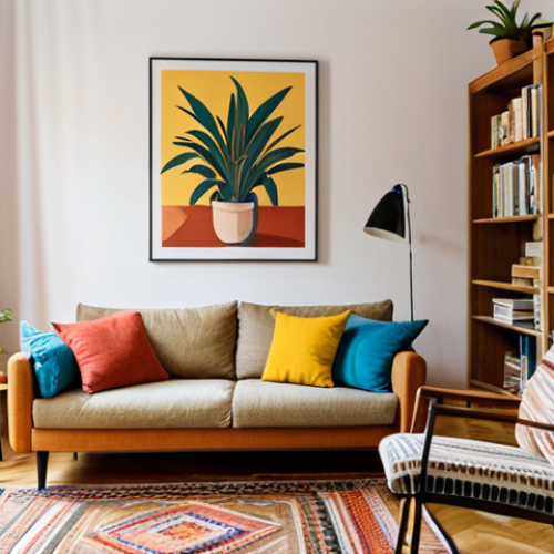 **

"A cozy living room in a Madrid apartment, bathed in warm sunlight. The room features a comfortable sofa with colorful cushions in earthy tones, a woven rug, and a bookshelf filled with books and small potted plants. A piece of abstract art hangs on the wall. Safe for work, appropriate content, fully clothed, professional, modest, perfect anatomy, natural proportions, high quality, natural lighting."

**