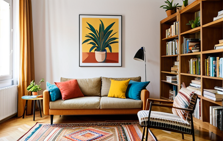**

"A cozy living room in a Madrid apartment, bathed in warm sunlight. The room features a comfortable sofa with colorful cushions in earthy tones, a woven rug, and a bookshelf filled with books and small potted plants. A piece of abstract art hangs on the wall. Safe for work, appropriate content, fully clothed, professional, modest, perfect anatomy, natural proportions, high quality, natural lighting."

**