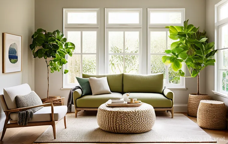 리빙코디네이터 실기 시험 체크리스트 - **Prompt:** A serene and inviting living room designed with biophilic principles. The space is fille...